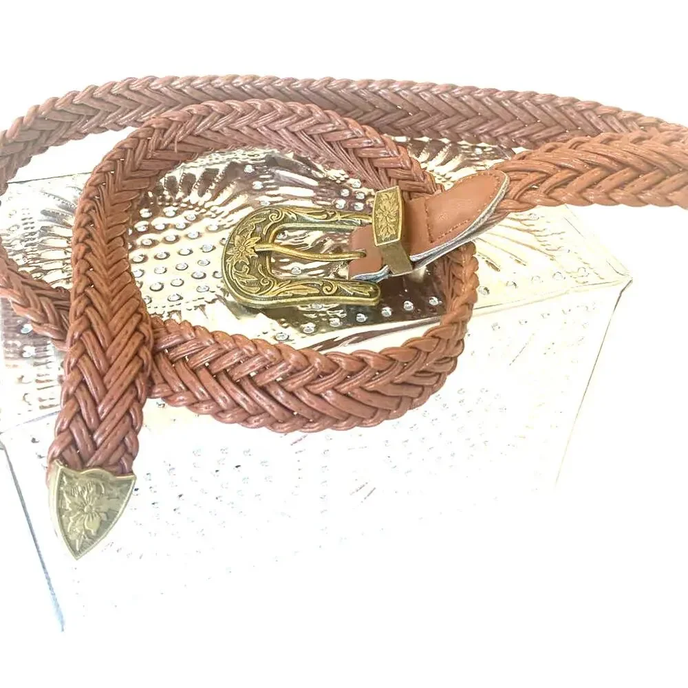 Womens Braided Faux Leather Belt Brown Western Brass Buckle Cowgirl Chic